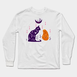 Magical illustration with pumpkin, moon, black cat Long Sleeve T-Shirt